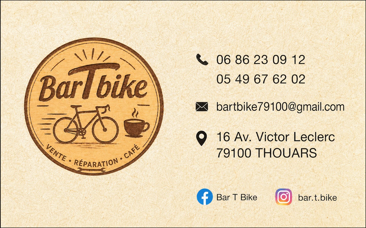 Carte de visite Bar T Bike avec téléphone, e-mail, adresse et réseaux sociaux